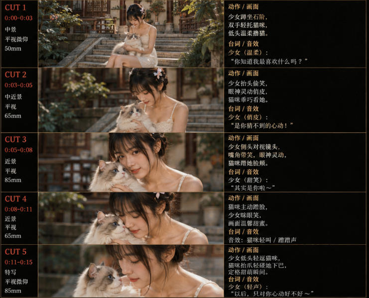 美女和猫故事提示词，人物一致性提示词+故事板-明楼资源站