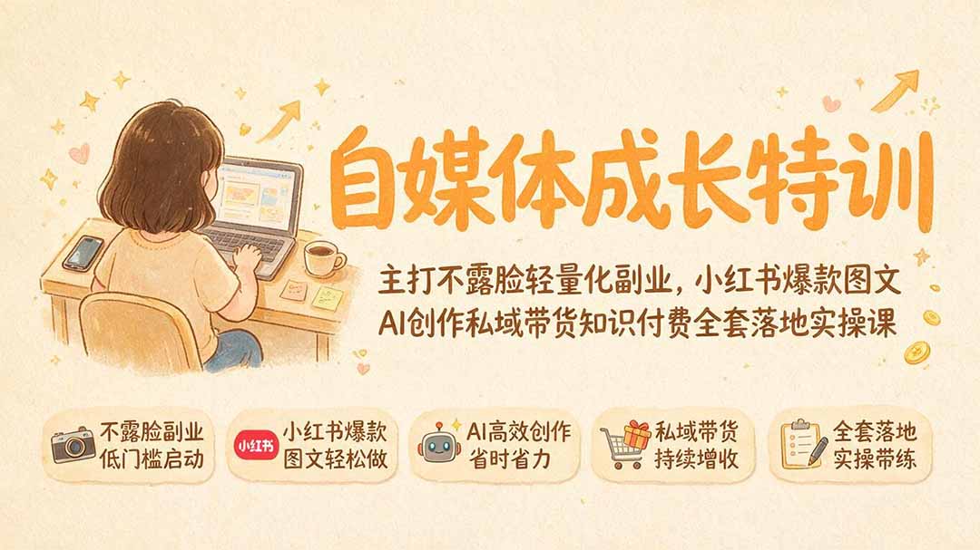 自媒体成长特训｜主打不露脸轻量化副业，小红书爆款图文AI创作私域带货知识付费全套落地实操课-明楼资源站