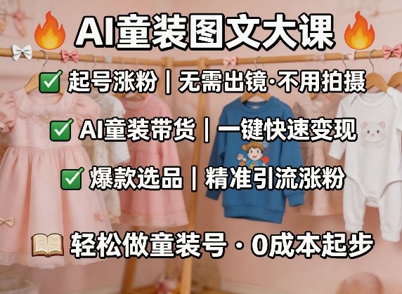 AI童装图文剪辑，某社群童装图文大课，起号涨粉、AI童装带货、爆款选品，无需出镜和拍摄-明楼资源站