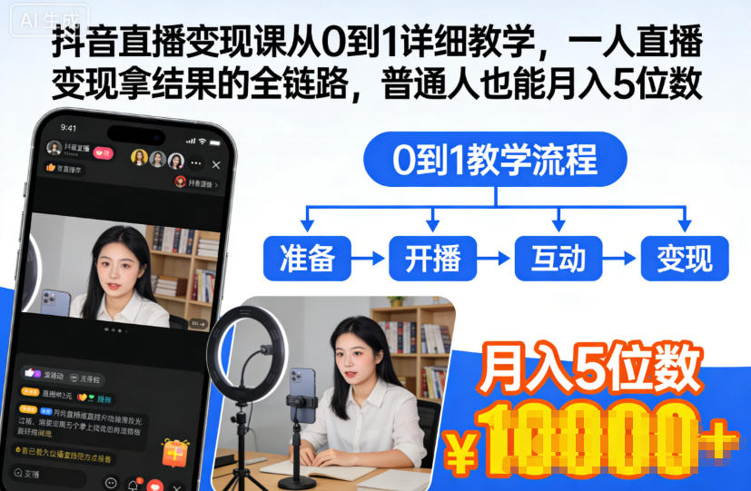 抖音直播变现课从0到1详细教学，一人直播变现拿结果的全链路，普通人也能月入5位数-明楼资源站