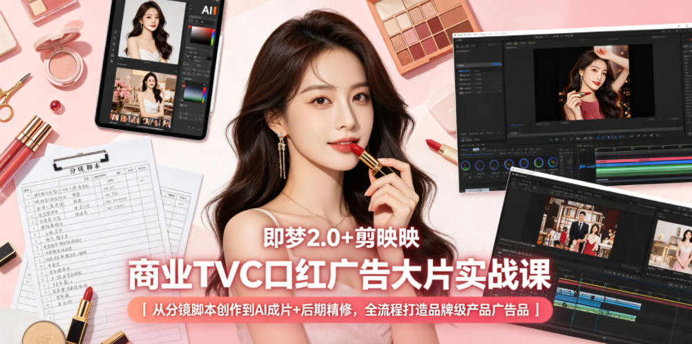 即梦2.0+剪映商业TVC口红广告大片实战课｜从分镜脚本创作到AI成片+后期精修，全流程打造品牌级产品广告-明楼资源站