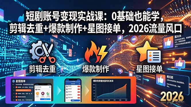 短剧账号变现实战课：0基础也能学，剪辑去重+爆款制作+星图接单，2026流量风口-明楼资源站