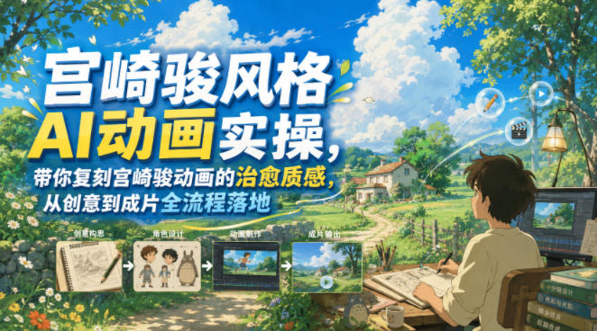 宫崎骏风格AI动画实操，带你复刻宫崎骏动画的治愈质感，从创意到成片全流程落地-明楼资源站