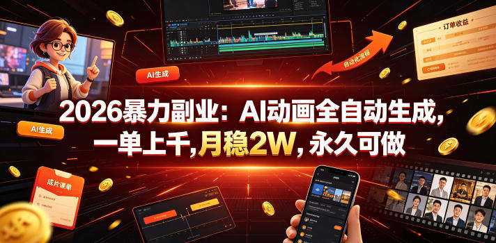 2026暴力副业：AI动画全自动生成，一单上千，月稳2W，永久可做【揭秘】-明楼资源站