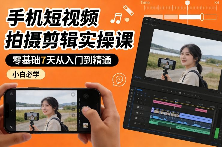 手机短视频拍摄剪辑实操课，零基础7天从入门到精通，小白必学-明楼资源站