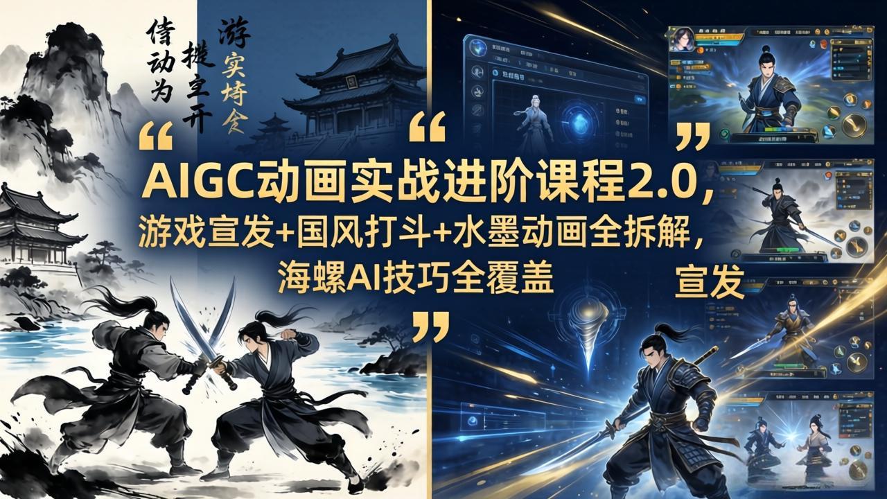 AIGC动画实战进阶课程2.0，游戏宣发+国风打斗+水墨动画全拆解，海螺AI技巧全覆盖-明楼资源站