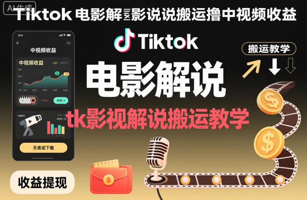 Tiktok电影解说搬运撸中视频收益，tk影视解说搬运教学-明楼资源站