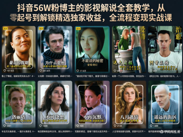 抖音56W粉博主的影视解说全套教学，从零起号到解锁精选独家收益，全流程变现实战课-明楼资源站