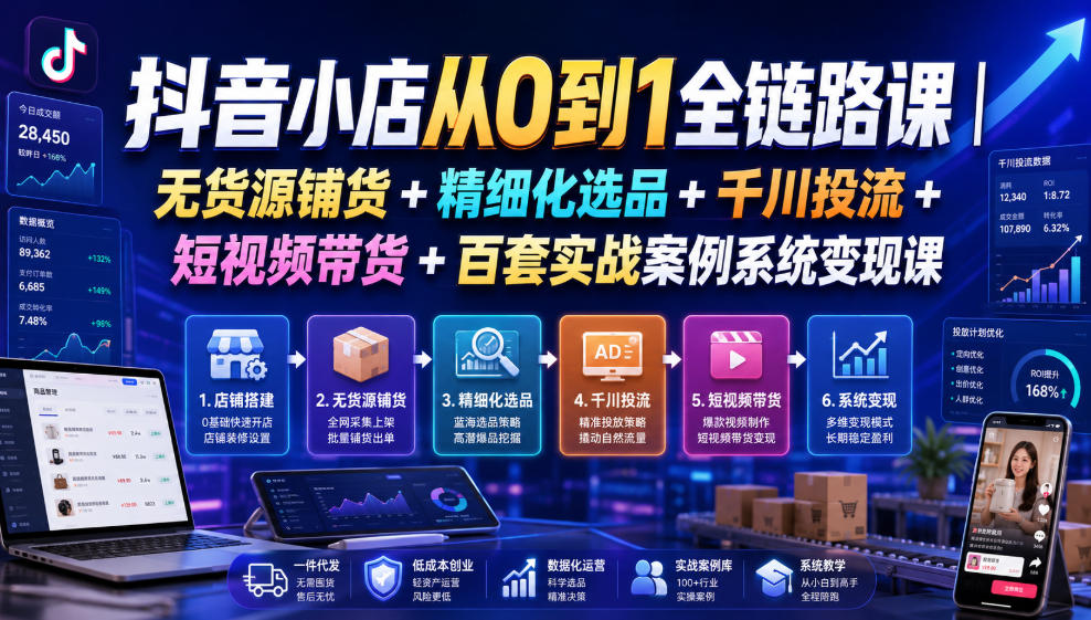 抖音小店从0到1全链路课｜无货源铺货+精细化选品+千川投流+短视频带货+百套实战案例系统变现课(2026年7月更新)-明楼资源站