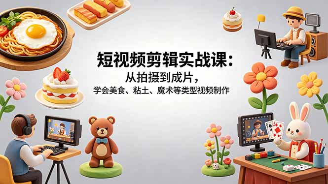 短视频剪辑实战课：从拍摄到成片，学会美食、粘土、魔术等类型视频制作-明楼资源站