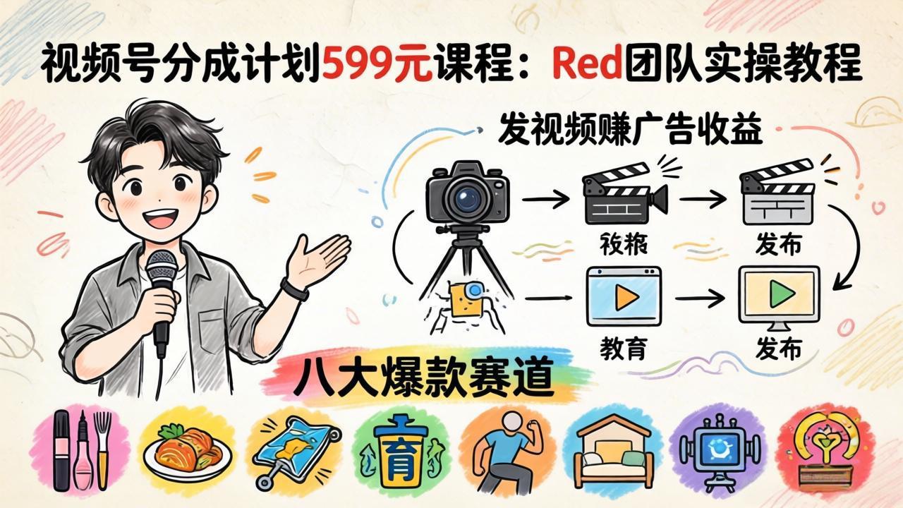 视频号分成计划599元课程：Red团队实操教程，发视频赚广告收益，八大爆款赛道全掌握-明楼资源站