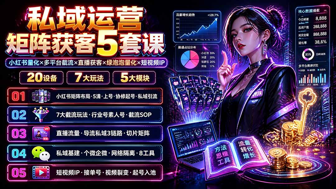 私域运营矩阵获客5套课：小红书量化×多平台截流×直播获客×绿泡泡量化×短视频IP×20设备×7大玩法-明楼资源站