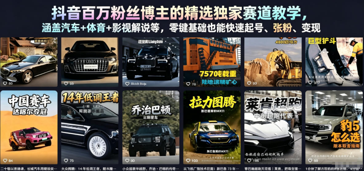 抖音百万粉丝博主的精选独家赛道教学，涵盖汽车+体育+影视解说等，零基础也能快速起号、涨粉、变现-明楼资源站