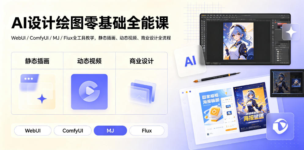 AI设计绘图零基础全能课｜WebUI/ComfyUI/MJ/Flux全工具教学，静态插画、动态视频、商业设计全流程-明楼资源站