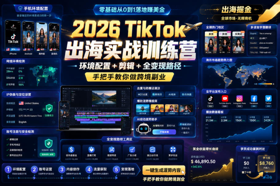 2026 TikTok出海实战训练营，环境配置 + 剪辑 + 全变现路径，手把手教你做跨境副业-明楼资源站