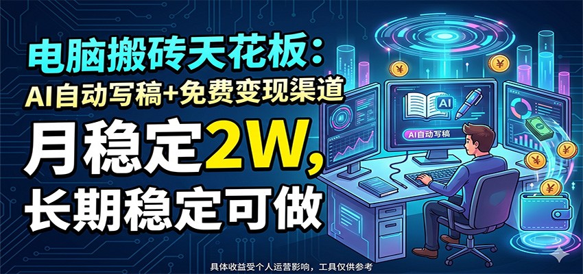 电脑搬砖天花板：AI自动写稿+免费变现渠道，月稳定2W，长期稳定可做-明楼资源站