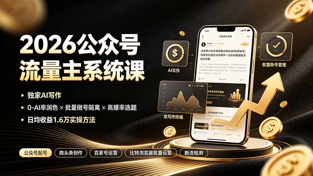 2026公众号流量主系统课：独家AI写作×0-AI率润色×批量做号隔离×高爆率选题，日均收益1.6万实操方法-明楼资源站