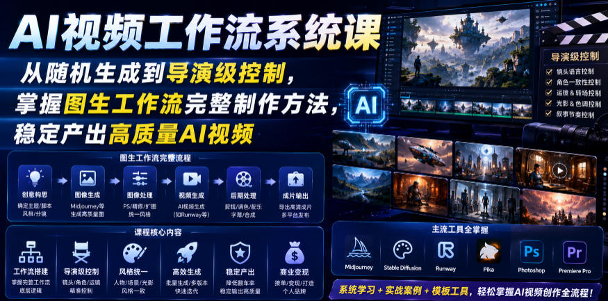 AI视频工作流系统课，从随机生成到导演级控制，掌握图生工作流完整制作方法，稳定产出高质量AI视频-明楼资源站