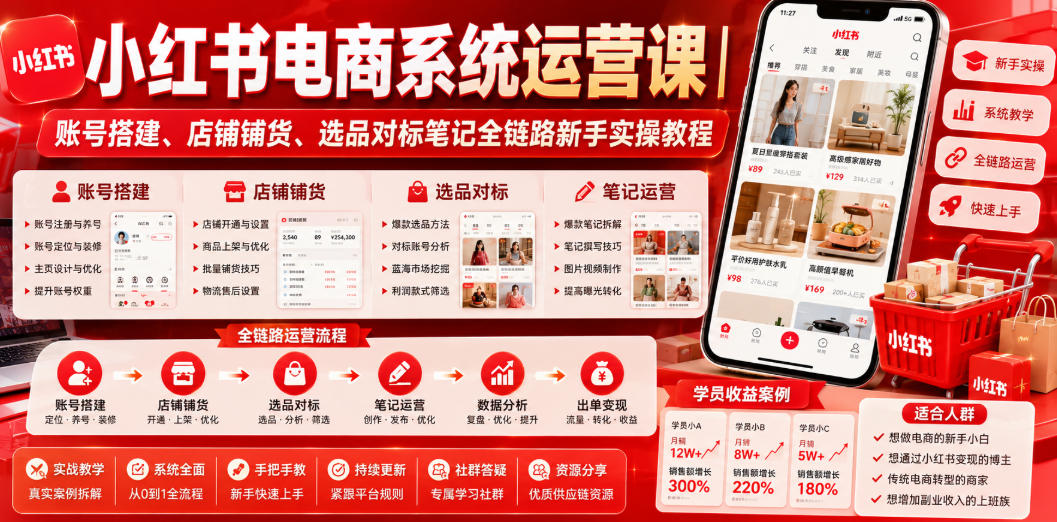 小红书电商系统运营课｜账号搭建、店铺铺货、选品对标笔记全链路新手实操教程-明楼资源站