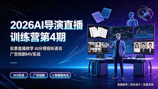 2026AI导演直播训练营第4期，实景直播教学AI分镜视听语言，广告短剧MV实战，解决人物画面崩坏痛点-明楼资源站