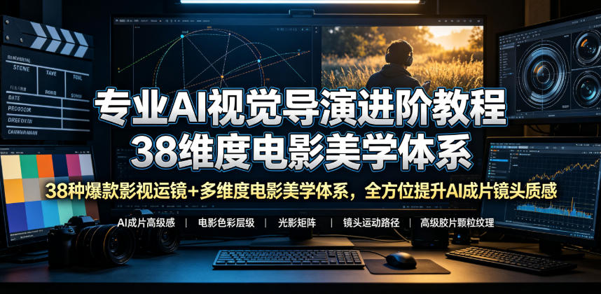 专业AI视觉导演进阶教程，38种爆款影视运镜+多维度电影美学体系，全方位提升AI成片高级感与镜头质感-明楼资源站