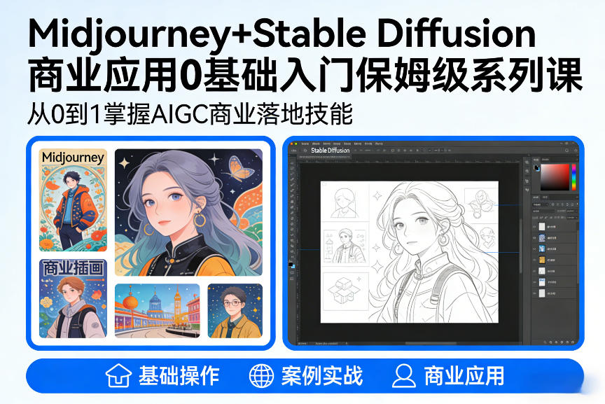 AIGC商业应用Midjourney+Stable Diffusion教程，0基础入门保姆级系列课-明楼资源站