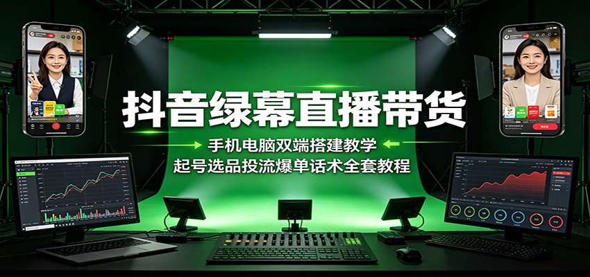 抖音绿幕直播带货：手机电脑双端搭建教学，起号选品投流爆单话术全套教程-明楼资源站