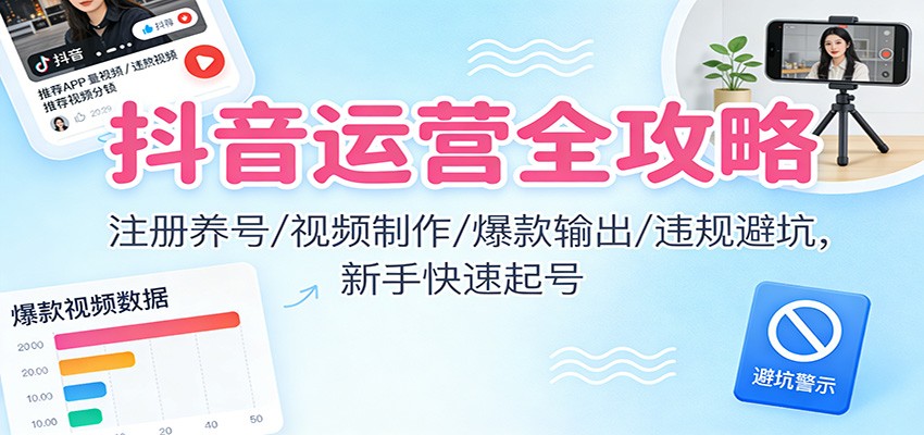 抖音运营全攻略：注册养号/视频制作/爆款输出/违规避坑，新手快速起号-明楼资源站