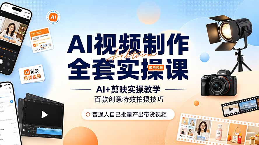 AI视频制作全套实操课，多款AI工具搭配剪映教学，百种特效运镜拍摄实操，抖音账号带货运营全覆盖-明楼资源站