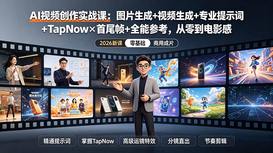 AI视频创作实战课：图片生成+视频生成+专业提示词+TapNow×首尾帧+全能参考，从零到电影感成片-明楼资源站