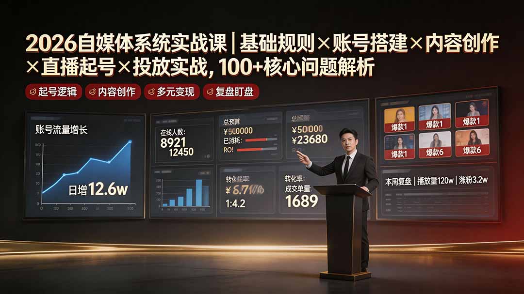 2026自媒体系统实战课｜基础规则×账号搭建×内容创作×直播起号×投放实战，100+核心问题解析-明楼资源站