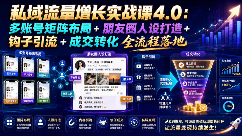 私域流量增长实战课4.0：多账号矩阵布局+朋友圈人设打造+钩子引流+成交转化全流程落地-明楼资源站