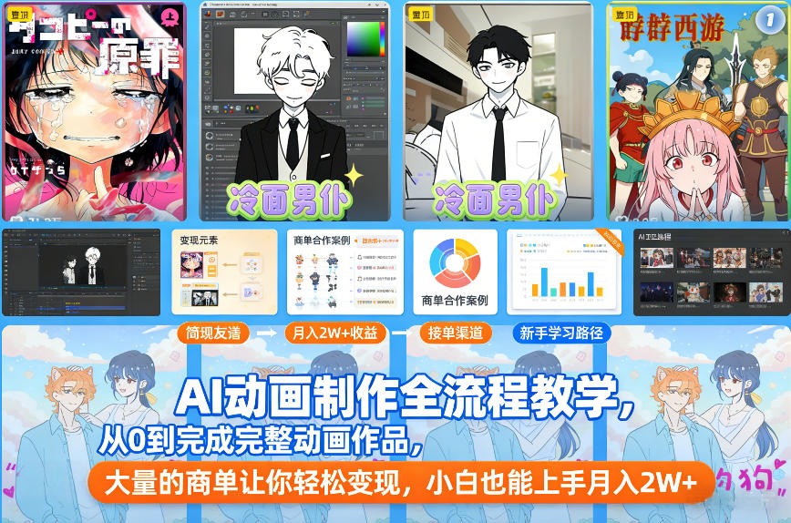 AI动画制作全流程教学，从0到完成完整动画作品，大量的商单让你轻松变现，小白也能上手月入2W+-明楼资源站