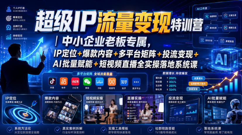 超级IP流量变现特训营｜中小企业老板专属，IP定位+爆款内容+多平台矩阵+投流变现+AI批量赋能+短视频直播全实操落地系统课-明楼资源站