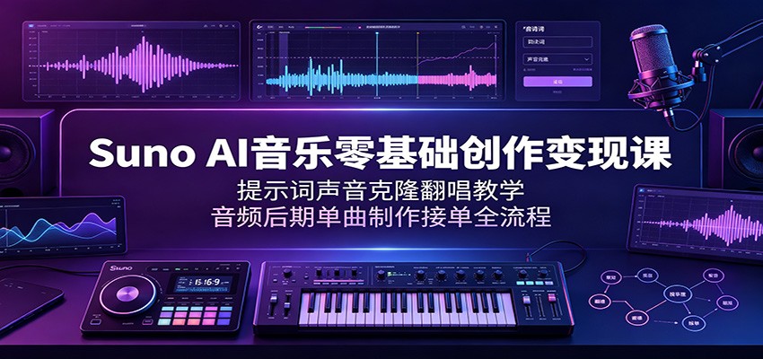 Suno AI音乐零基础创作变现课：提示词声音克隆翻唱教学，音频后期单曲制作接单全流程-明楼资源站