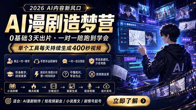 AI漫剧造梦营：0基础3天出片，单个工具每天持续生成400秒视频-明楼资源站