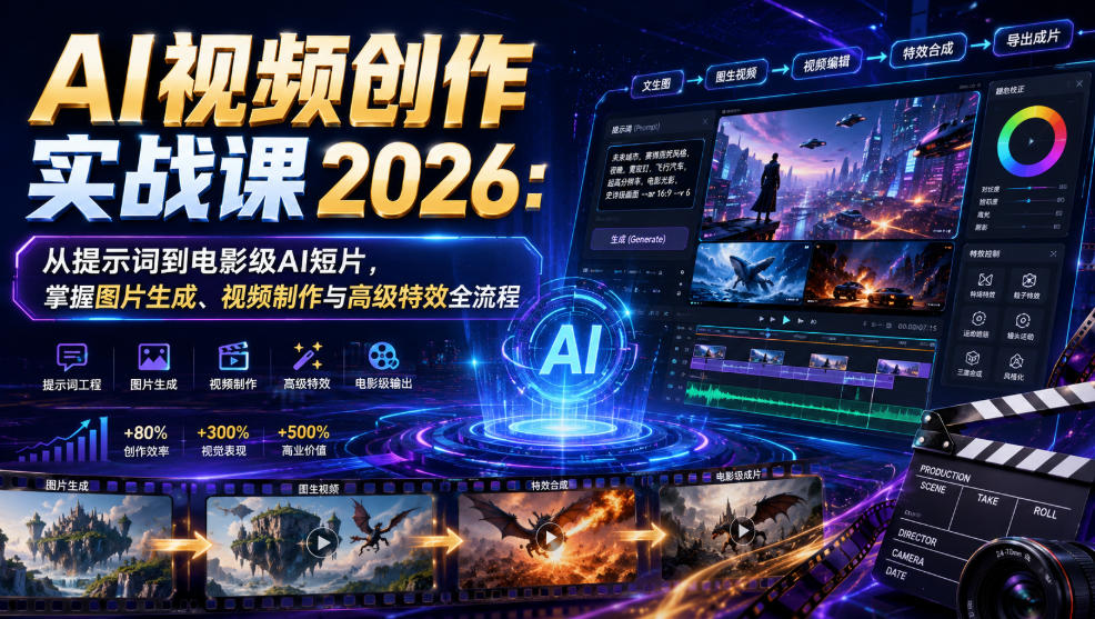 AI视频创作实战课2026：从提示词到电影级AI短片，掌握图片生成、视频制作与高级特效全流程-明楼资源站