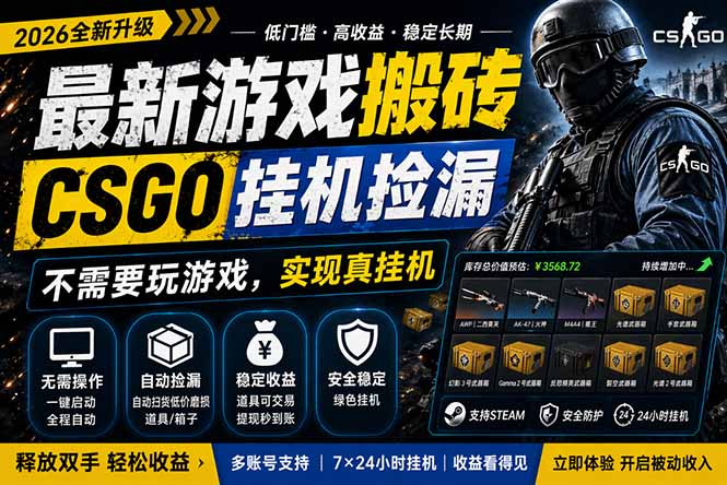 最新游戏搬砖，CSGO纯挂机，不需要玩游戏，实现真挂机，月入1W+，五一小高峰上车可吃肉，…-明楼资源站