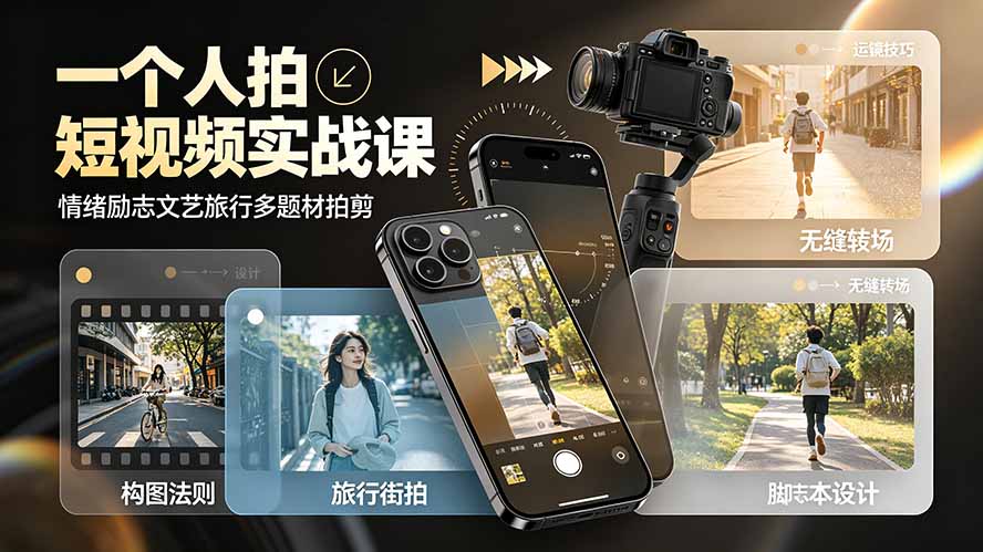 一个人拍短视频实战课：情绪励志文艺旅行多题材×五大景别×黄金构图×八大运镜，从拍摄到成片高效创作-明楼资源站