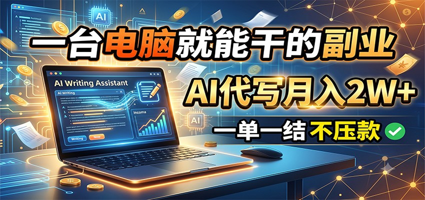 一台电脑就能干的副业，AI代写月入2W+，一单一结不压款-明楼资源站