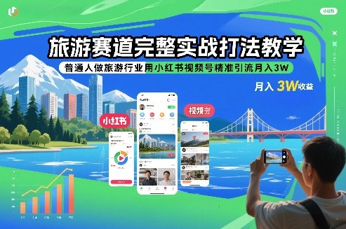 旅游赛道完整实战打法教学，普通人做旅游行业用小红书视频号精准引流月入3W-明楼资源站