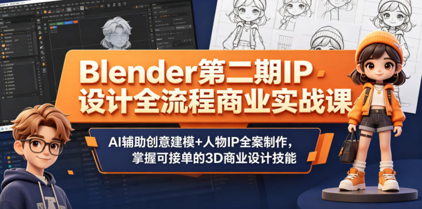 Blender第二期IP设计全流程商业实战课，AI辅助创意建模+人物IP全案制作，掌握可接单的3D商业设计技能-明楼资源站