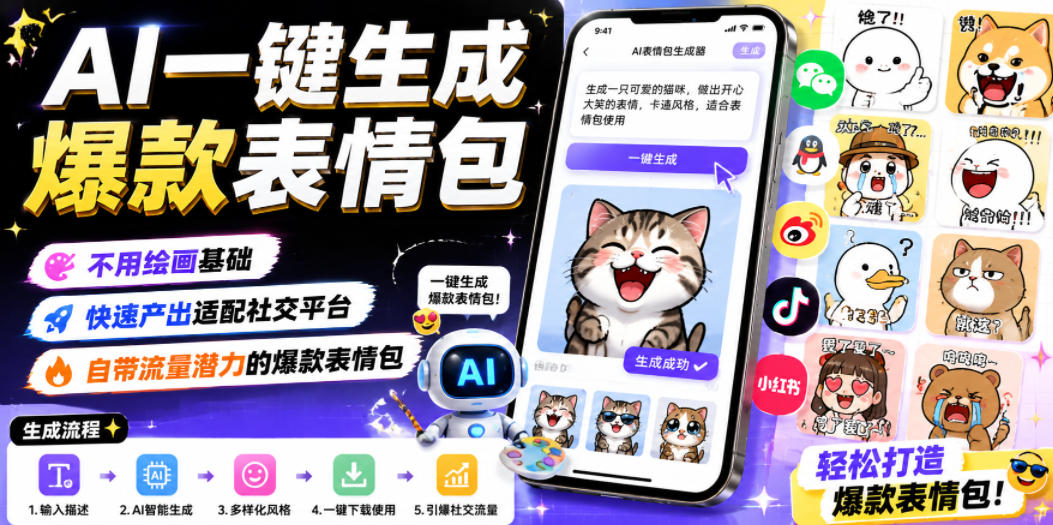 AI一键生成爆款表情包，不用绘画基础，快速产出适配社交平台，自带流量潜力的爆款表情包-明楼资源站