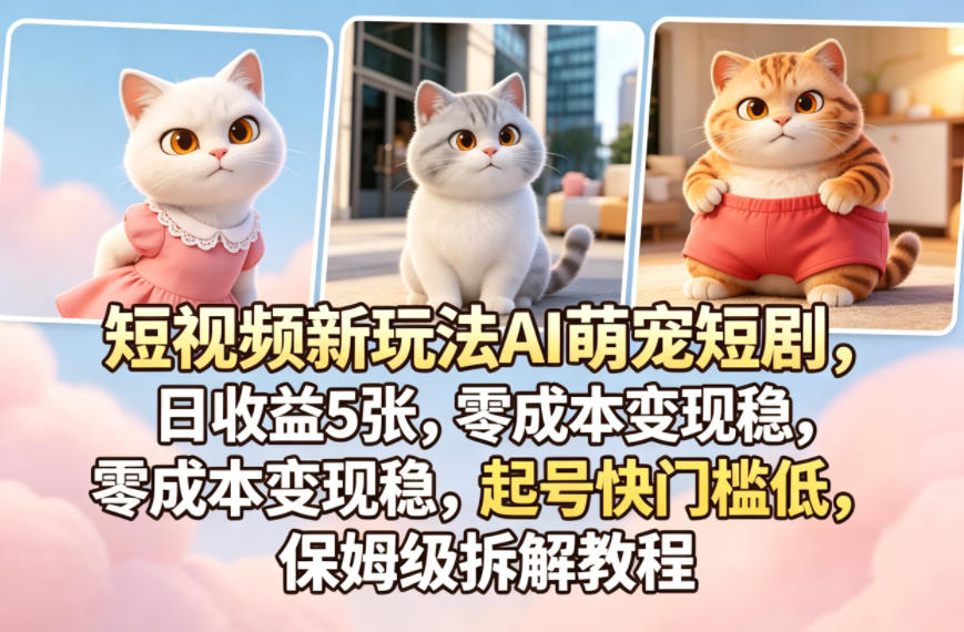 短视频新玩法AI萌宠短剧，日收益5张，零成本变现稳，起号快门槛低，保姆级拆解教程-明楼资源站