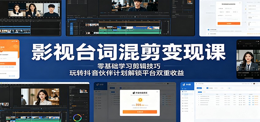 影视台词混剪变现课：零基础学习剪辑技巧，玩转抖音伙伴计划解锁平台双重收益-明楼资源站