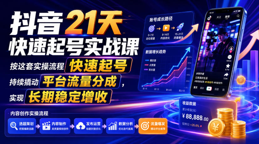 抖音21天快速起号实战课，按这套实操流程快速起号，持续撬动平台流量分成，实现长期稳定增收-明楼资源站