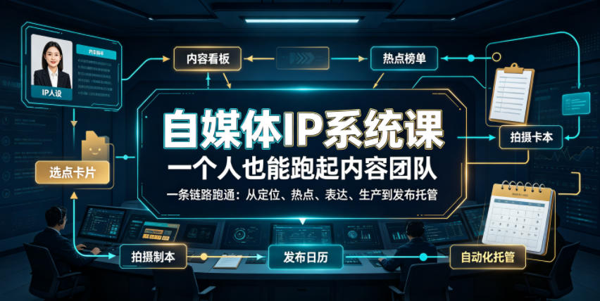 自媒体IP系统课，一个人也能跑起内容团队，一条链路跑通，从定位、热点、表达、生产到发布托管-明楼资源站