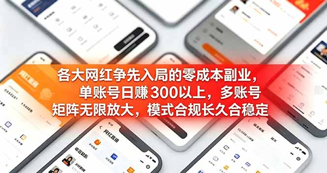 各大网红争先入局的零成本副业，单账号日赚 300 以上，多号矩阵可放大，模式合规长久稳定！-明楼资源站