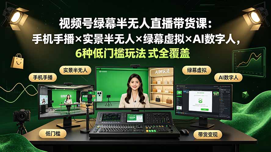 视频号绿幕半无人直播带货课：手机手播×实景半无人×绿幕虚拟×AI数字人，6种低门槛玩法全覆盖-明楼资源站