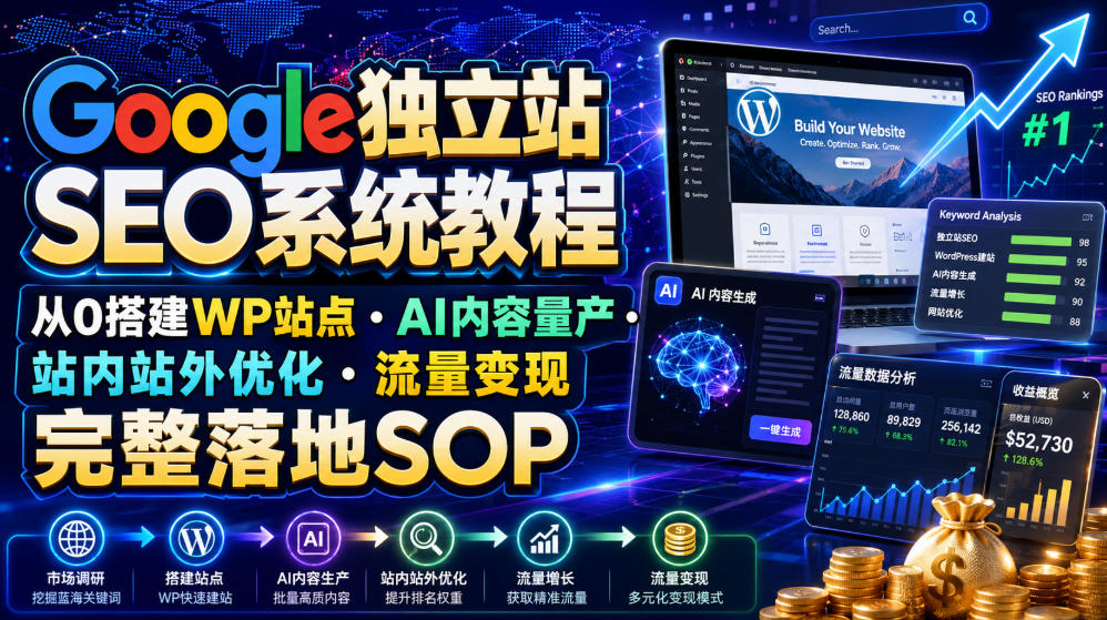 Google独立站SEO系统教程，从0搭建WP站点・AI内容量产・站内站外优化・流量变现完整落地SOP(2026年7月)-明楼资源站